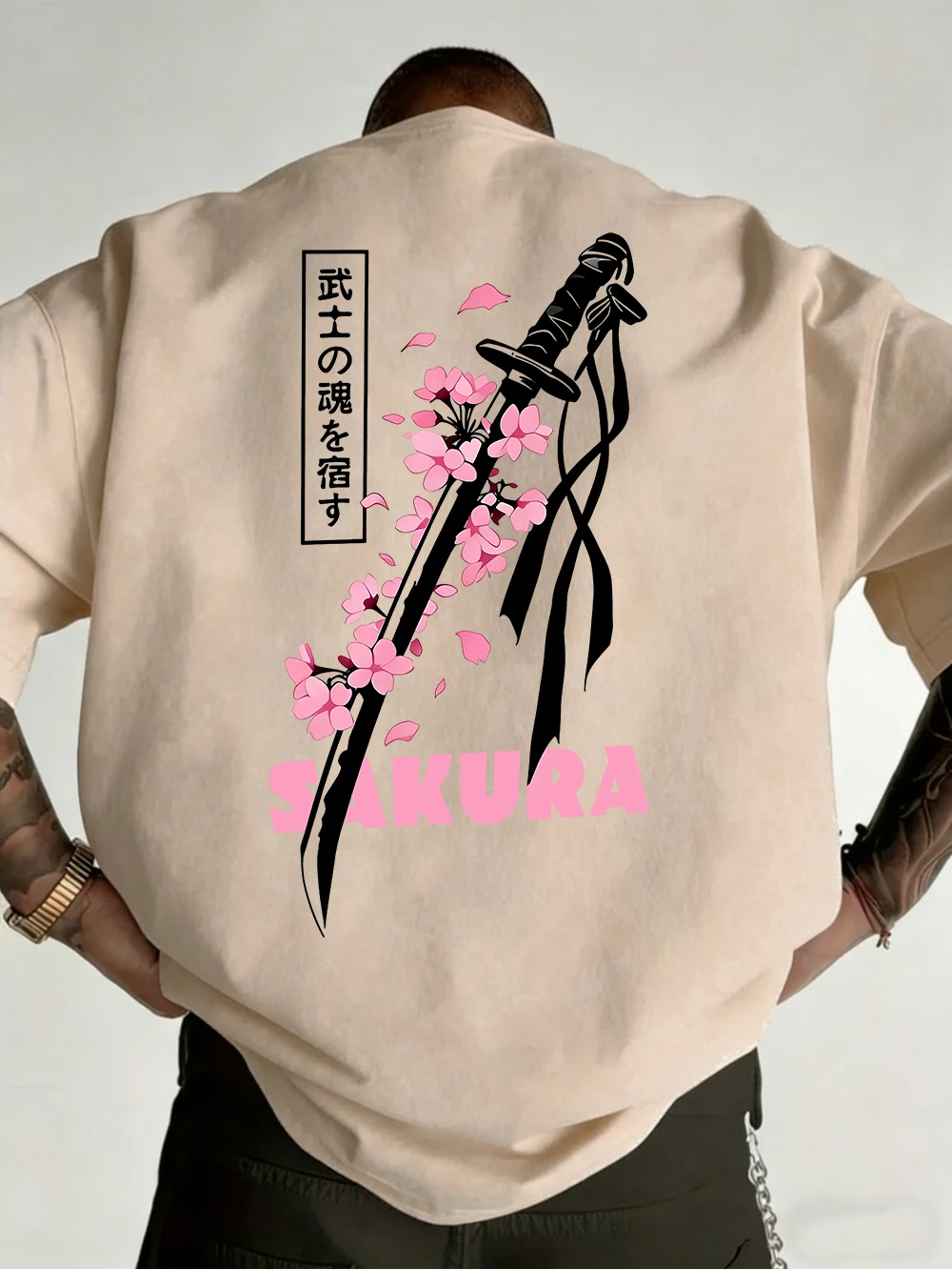 Japanese Katana Sakura Printed Cotton T-Shirts Mens Summer O-Neck Short Sleeve T Shirt Soft Oversized Tops Basic Male Clothes