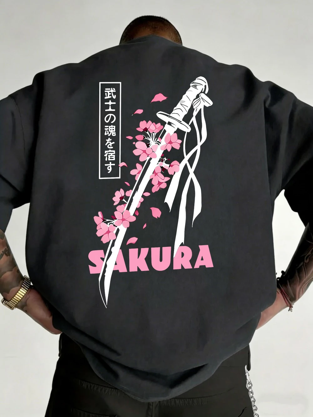 Japanese Katana Sakura Printed Cotton T-Shirts Mens Summer O-Neck Short Sleeve T Shirt Soft Oversized Tops Basic Male Clothes