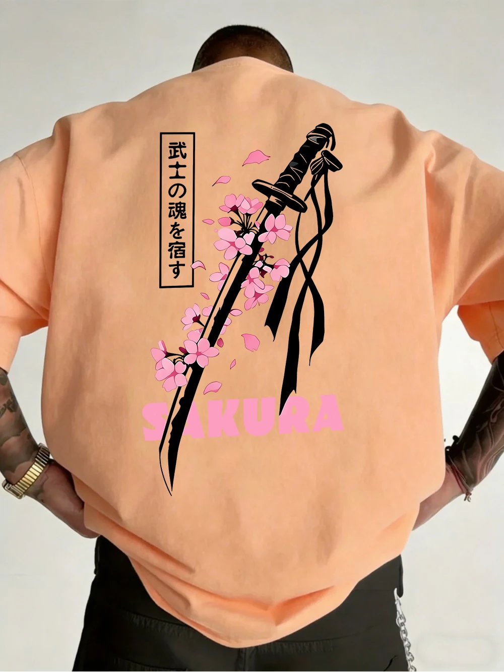 Japanese Katana Sakura Printed Cotton T-Shirts Mens Summer O-Neck Short Sleeve T Shirt Soft Oversized Tops Basic Male Clothes
