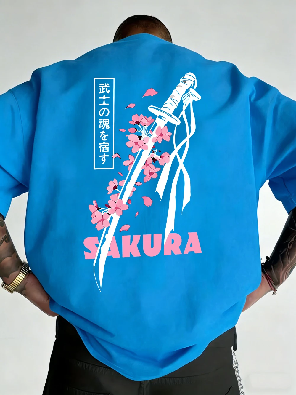 Japanese Katana Sakura Printed Cotton T-Shirts Mens Summer O-Neck Short Sleeve T Shirt Soft Oversized Tops Basic Male Clothes