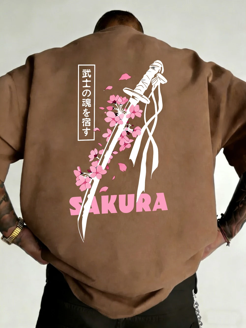 Japanese Katana Sakura Printed Cotton T-Shirts Mens Summer O-Neck Short Sleeve T Shirt Soft Oversized Tops Basic Male Clothes