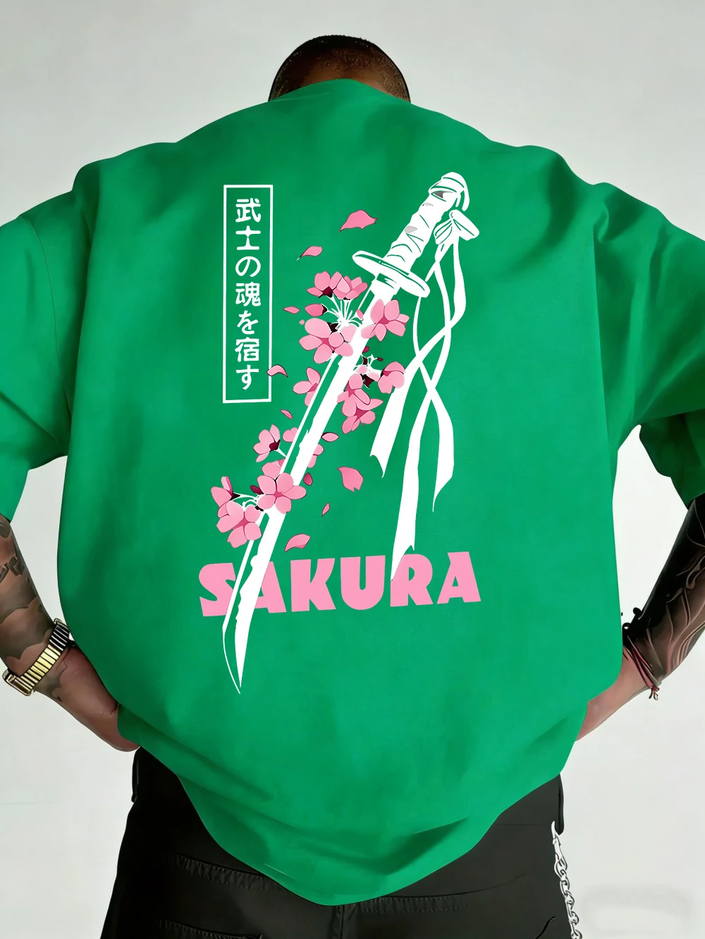 Japanese Katana Sakura Printed Cotton T-Shirts Mens Summer O-Neck Short Sleeve T Shirt Soft Oversized Tops Basic Male Clothes
