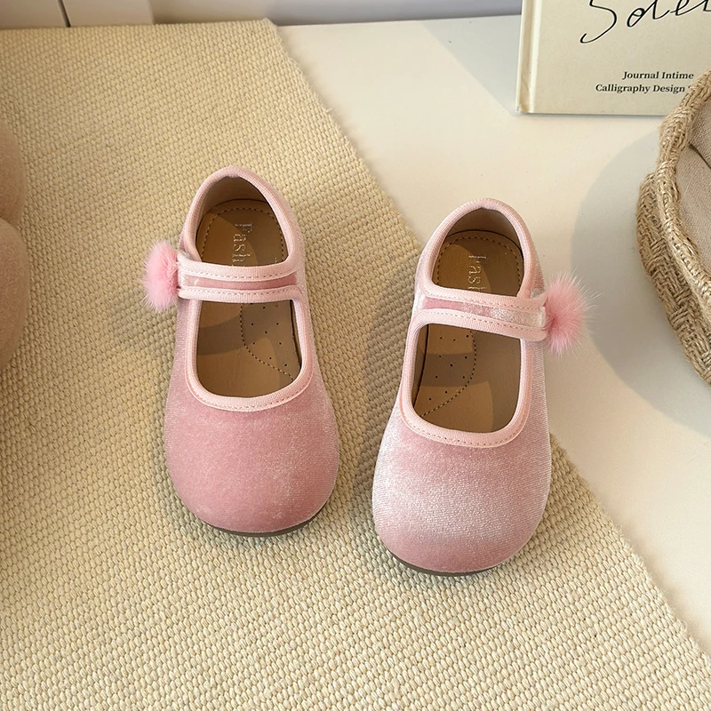 Spring Big Girls Velvet Mary Jane Shoes With Pom Pom Kids Flats Princess Dress Shoes for Party Wedding Children Flats 23-35