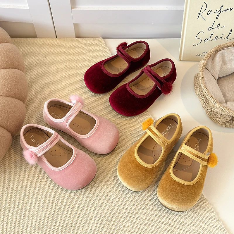 Spring Big Girls Velvet Mary Jane Shoes With Pom Pom Kids Flats Princess Dress Shoes for Party Wedding Children Flats 23-35