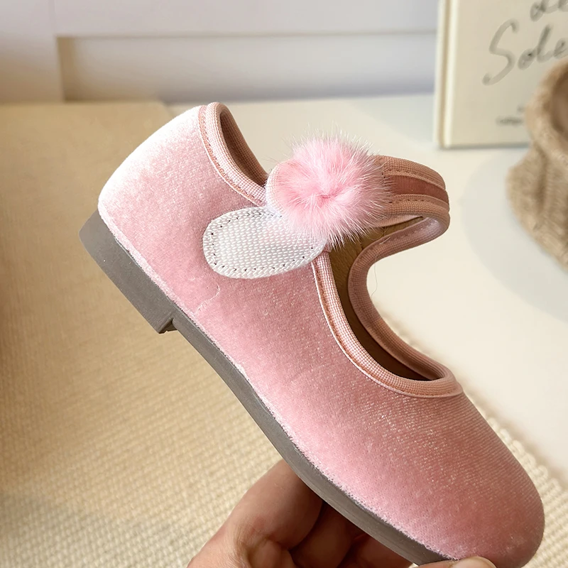 Spring Big Girls Velvet Mary Jane Shoes With Pom Pom Kids Flats Princess Dress Shoes for Party Wedding Children Flats 23-35