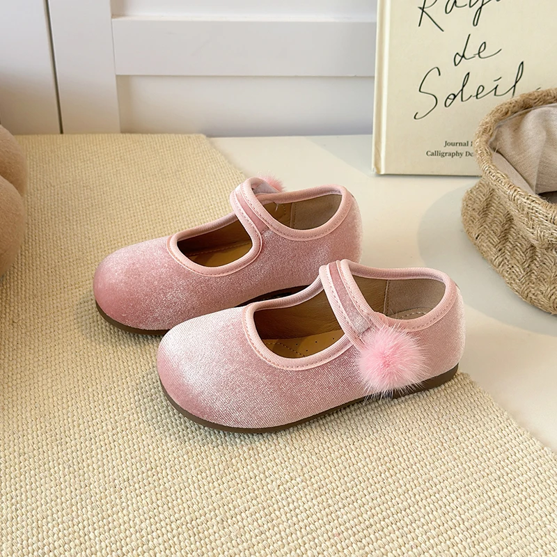 Spring Big Girls Velvet Mary Jane Shoes With Pom Pom Kids Flats Princess Dress Shoes for Party Wedding Children Flats 23-35