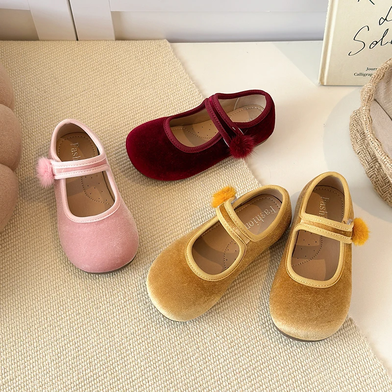 Spring Big Girls Velvet Mary Jane Shoes With Pom Pom Kids Flats Princess Dress Shoes for Party Wedding Children Flats 23-35