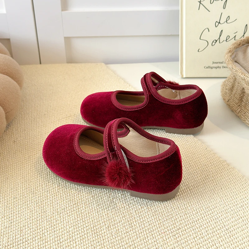 Spring Big Girls Velvet Mary Jane Shoes With Pom Pom Kids Flats Princess Dress Shoes for Party Wedding Children Flats 23-35