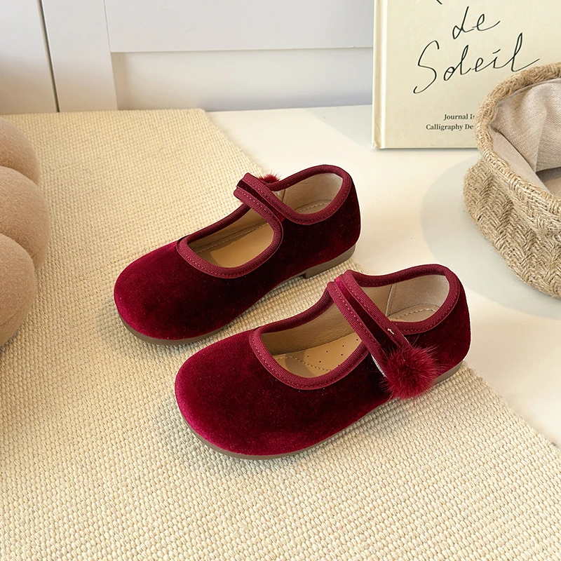 Spring Big Girls Velvet Mary Jane Shoes With Pom Pom Kids Flats Princess Dress Shoes for Party Wedding Children Flats 23-35