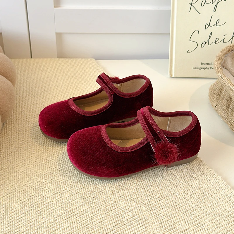 Spring Big Girls Velvet Mary Jane Shoes With Pom Pom Kids Flats Princess Dress Shoes for Party Wedding Children Flats 23-35