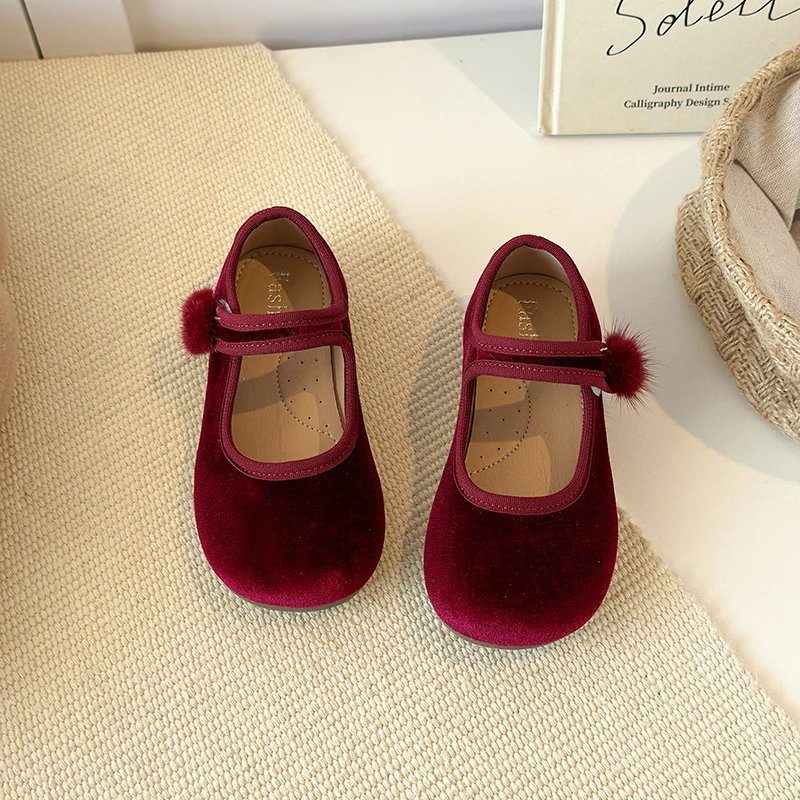 Spring Big Girls Velvet Mary Jane Shoes With Pom Pom Kids Flats Princess Dress Shoes for Party Wedding Children Flats 23-35