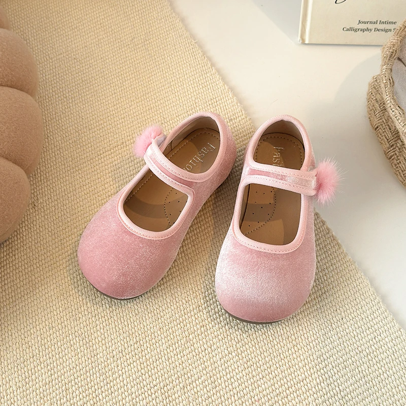 Spring Big Girls Velvet Mary Jane Shoes With Pom Pom Kids Flats Princess Dress Shoes for Party Wedding Children Flats 23-35