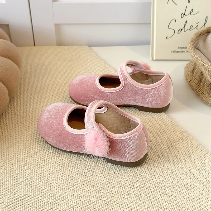 Spring Big Girls Velvet Mary Jane Shoes With Pom Pom Kids Flats Princess Dress Shoes for Party Wedding Children Flats 23-35