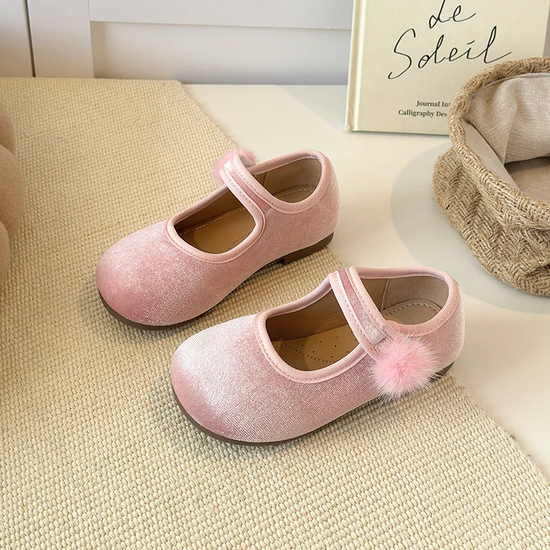 Spring Big Girls Velvet Mary Jane Shoes With Pom Pom Kids Flats Princess Dress Shoes for Party Wedding Children Flats 23-35