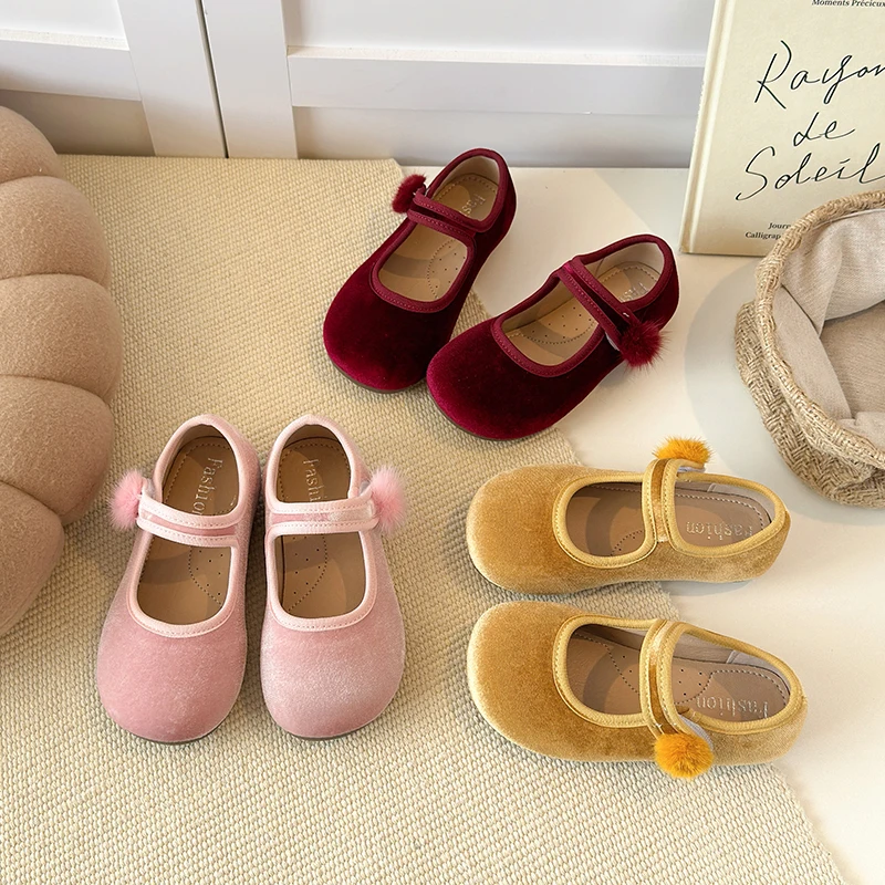 Spring Big Girls Velvet Mary Jane Shoes With Pom Pom Kids Flats Princess Dress Shoes for Party Wedding Children Flats 23-35