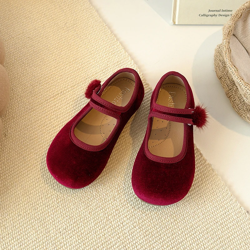 Spring Big Girls Velvet Mary Jane Shoes With Pom Pom Kids Flats Princess Dress Shoes for Party Wedding Children Flats 23-35