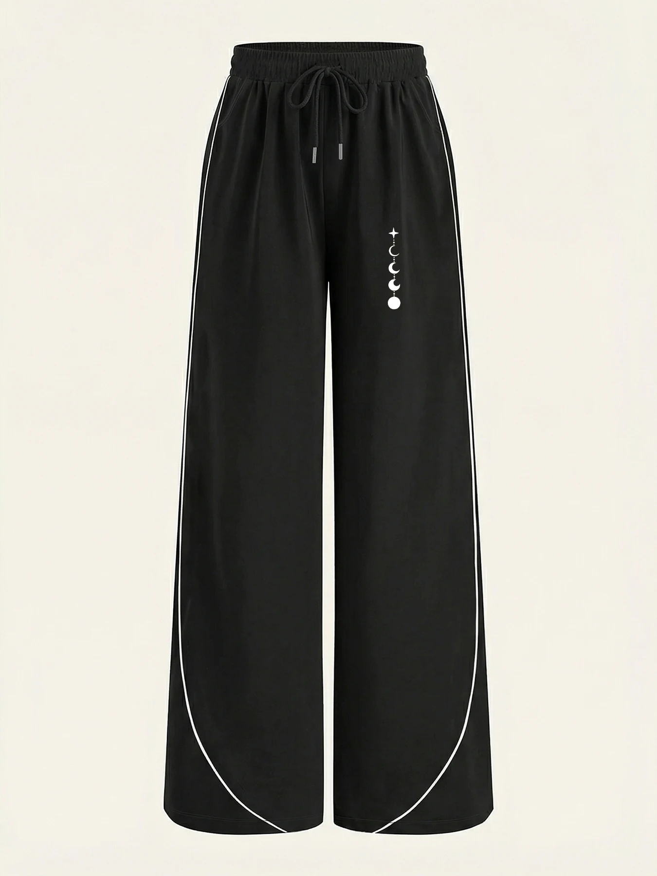 Women's Casual Pants, a Must-Have for Trendy Looks, Summer Casual Lazy Style Moon Phase and Star Track Print Color-Blocked Wide-Leg Casual Pants, Loose Fit with Strong Drape, Comfortable and Versatile Women's Casual Pants, Summer Daily Home Wear, Women's Clothing