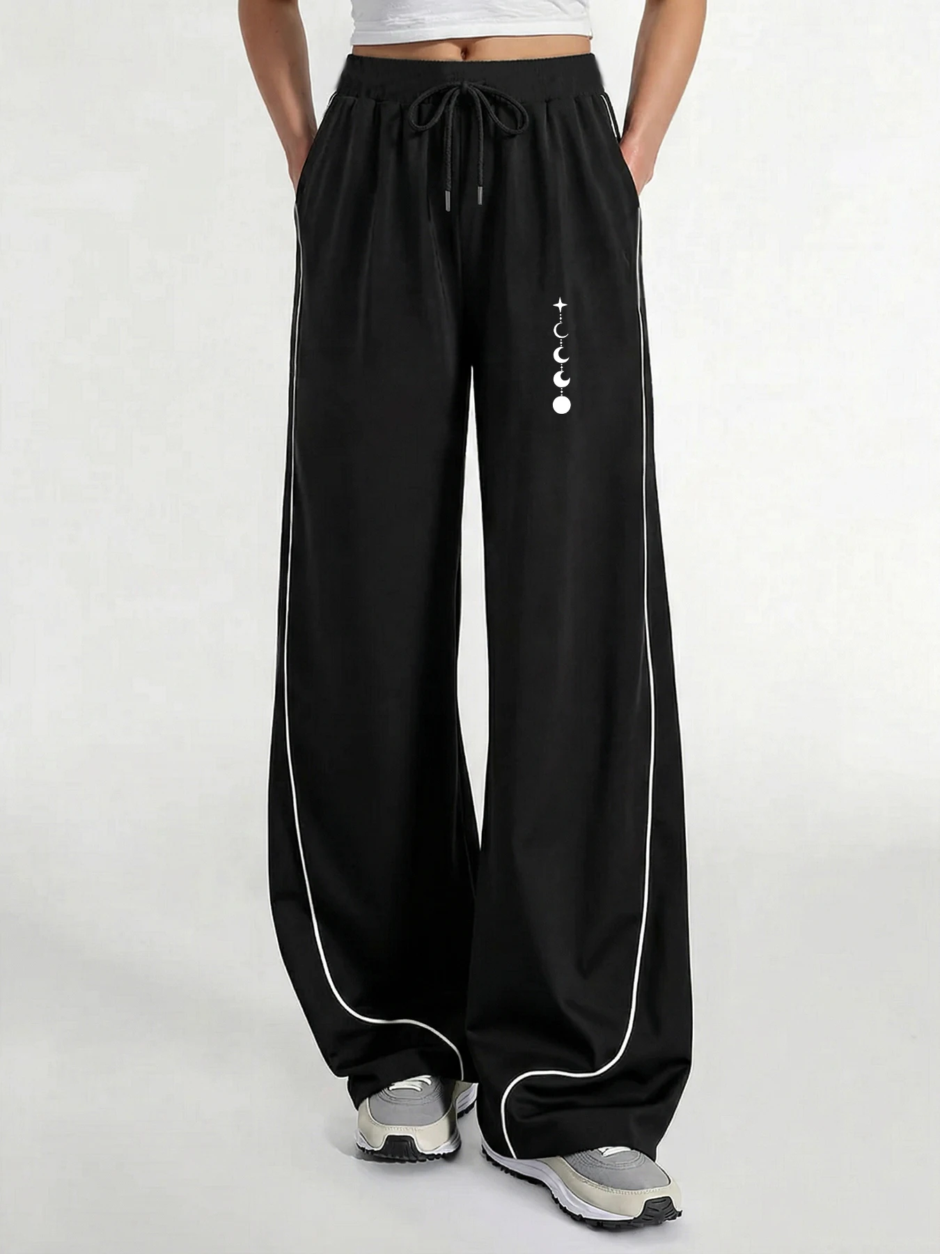 Women's Casual Pants, a Must-Have for Trendy Looks, Summer Casual Lazy Style Moon Phase and Star Track Print Color-Blocked Wide-Leg Casual Pants, Loose Fit with Strong Drape, Comfortable and Versatile Women's Casual Pants, Summer Daily Home Wear, Women's Clothing