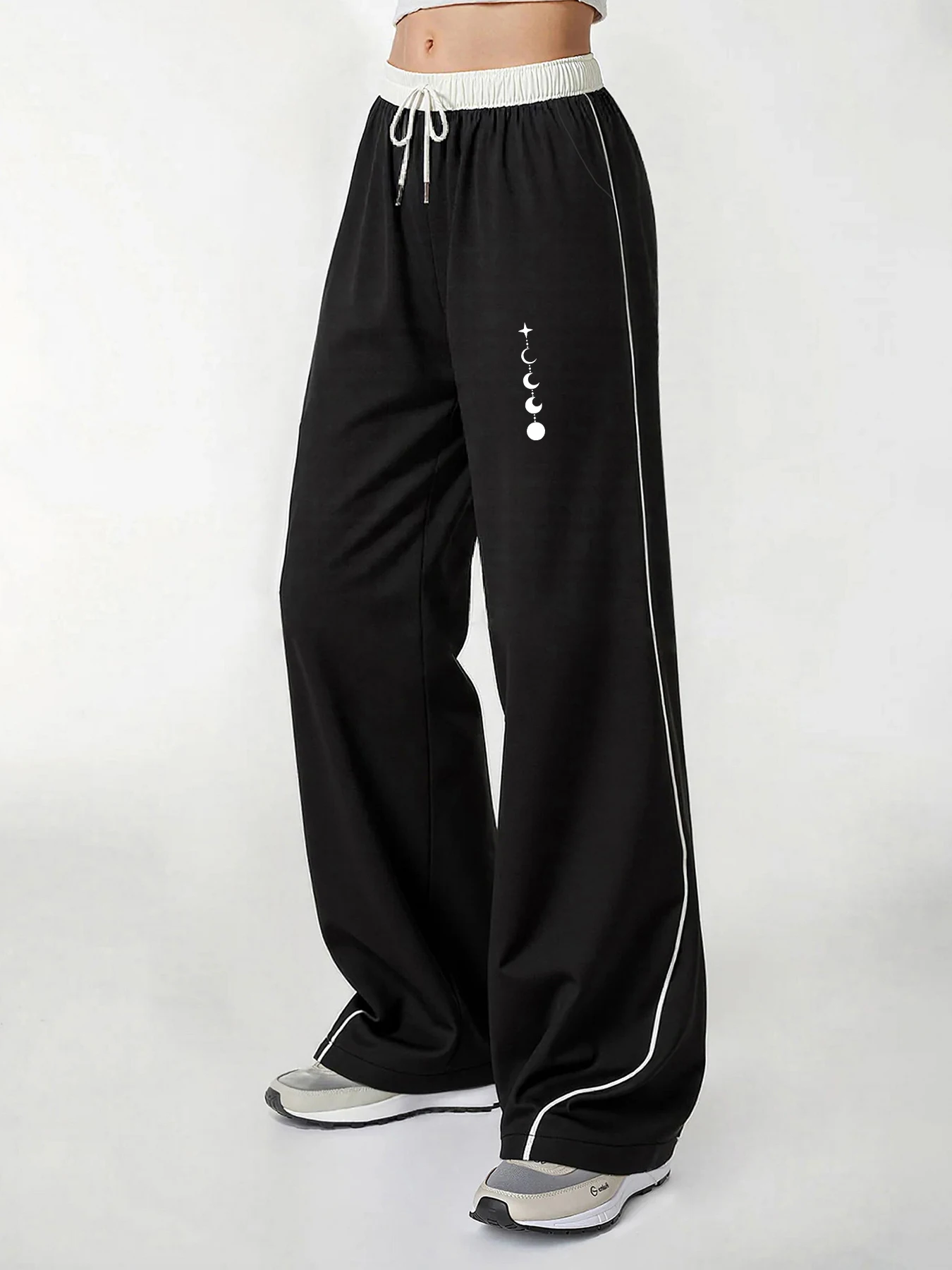 Women's Casual Pants, a Must-Have for Trendy Looks, Summer Casual Lazy Style Moon Phase and Star Track Print Color-Blocked Wide-Leg Casual Pants, Loose Fit with Strong Drape, Comfortable and Versatile Women's Casual Pants, Summer Daily Home Wear, Women's Clothing