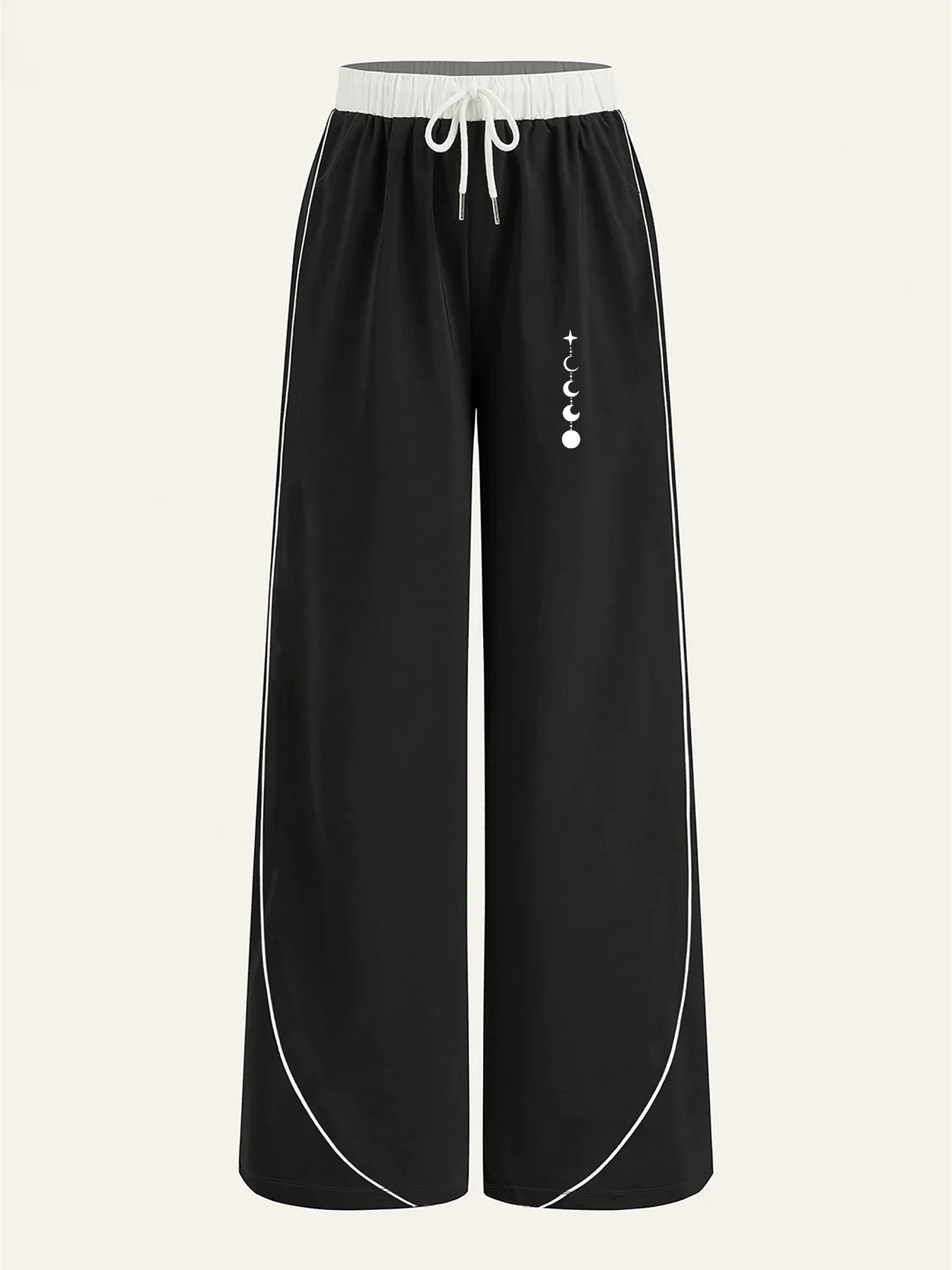 Women's Casual Pants, a Must-Have for Trendy Looks, Summer Casual Lazy Style Moon Phase and Star Track Print Color-Blocked Wide-Leg Casual Pants, Loose Fit with Strong Drape, Comfortable and Versatile Women's Casual Pants, Summer Daily Home Wear, Women's Clothing