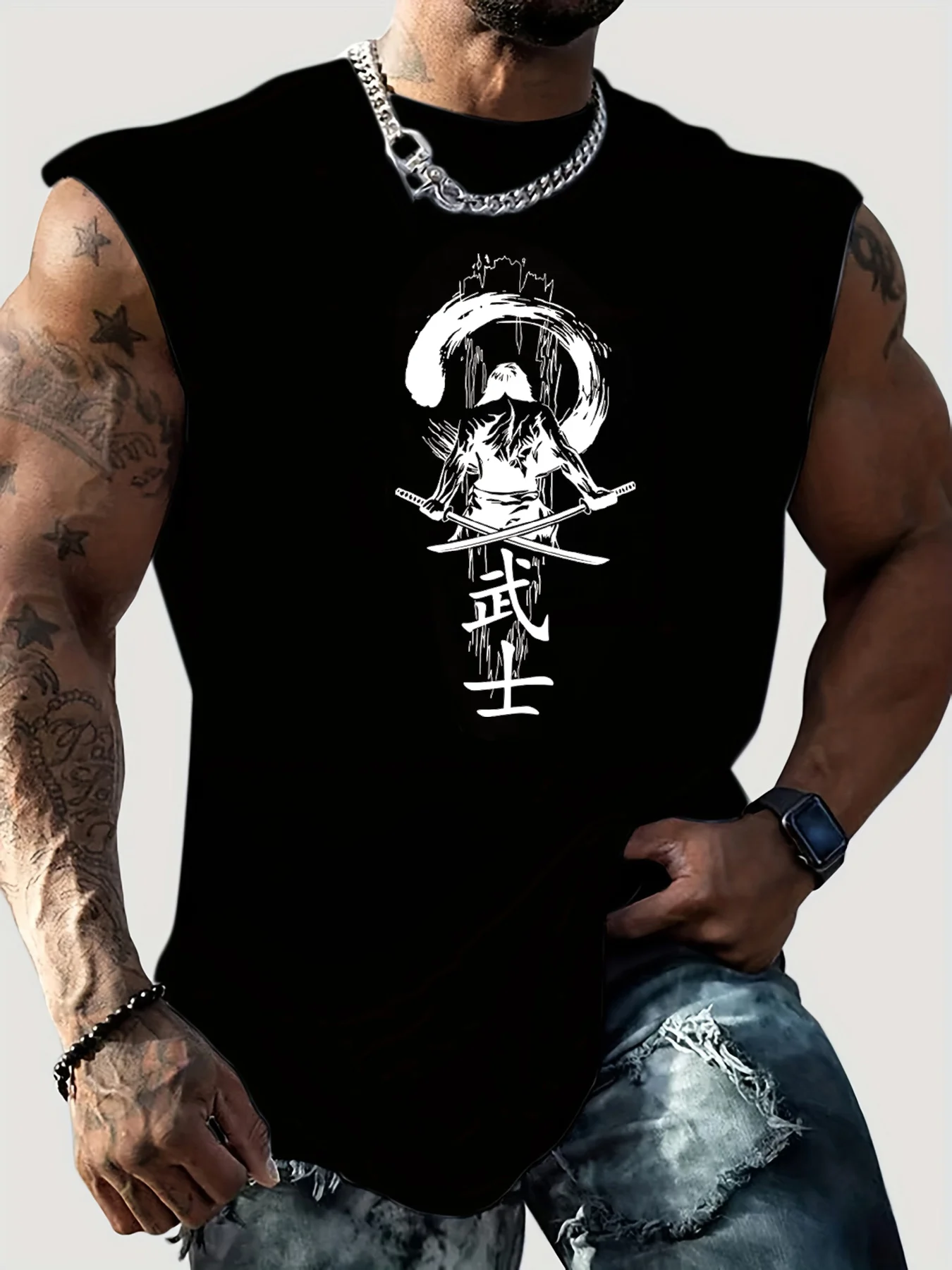 100% Pure Cotton Men's Summer Casual Sports Fitness Loose Japanese Samurai Print Breathable Round Neck Sleeveless Vest