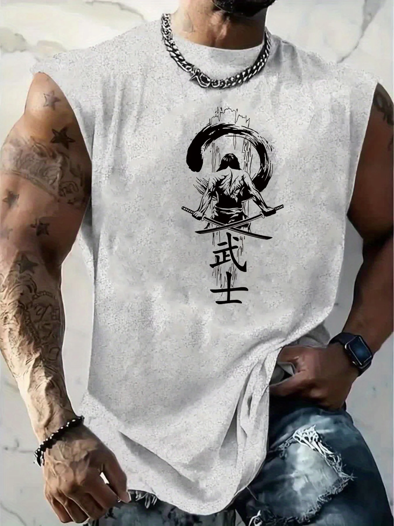 100% Pure Cotton Men's Summer Casual Sports Fitness Loose Japanese Samurai Print Breathable Round Neck Sleeveless Vest