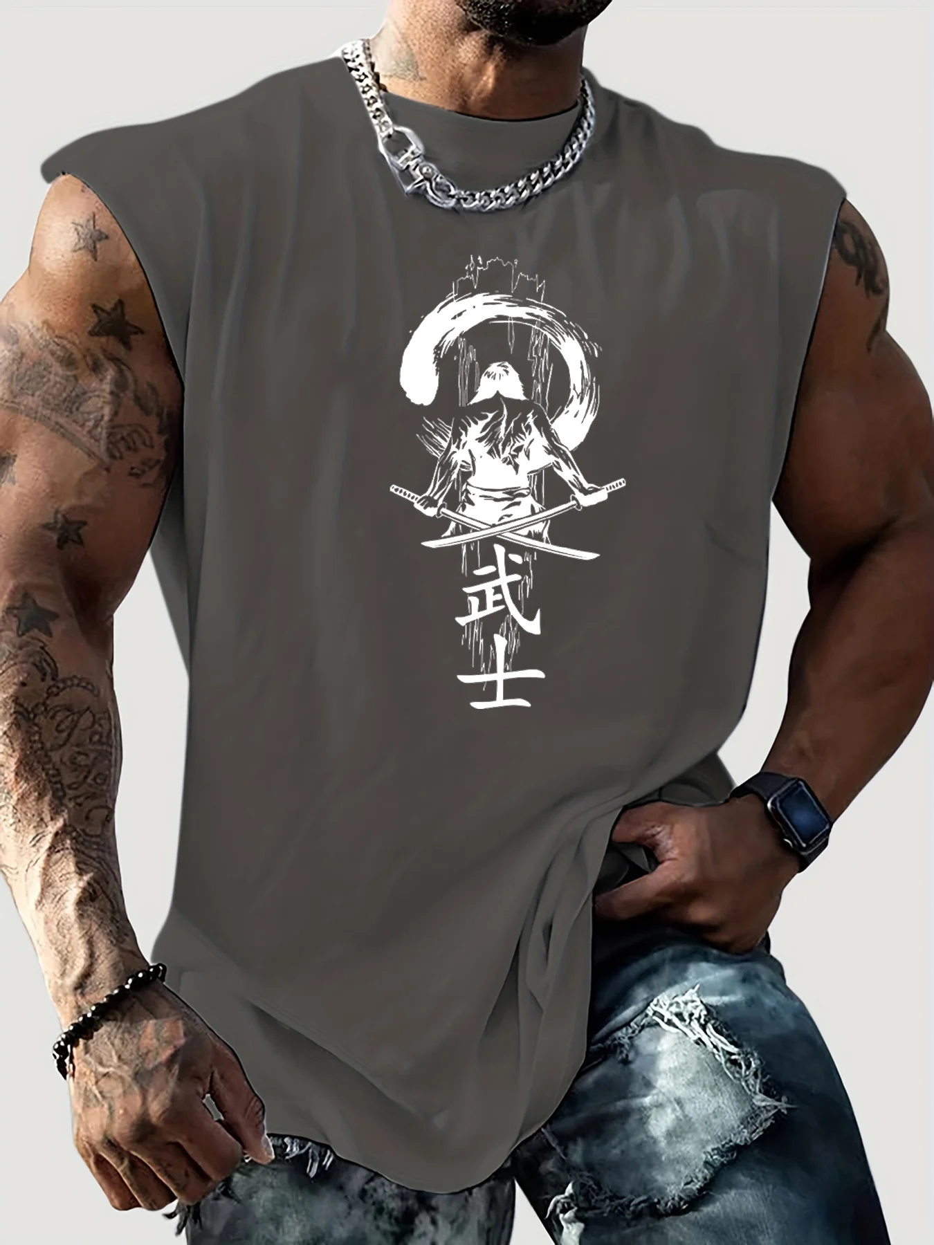 100% Pure Cotton Men's Summer Casual Sports Fitness Loose Japanese Samurai Print Breathable Round Neck Sleeveless Vest