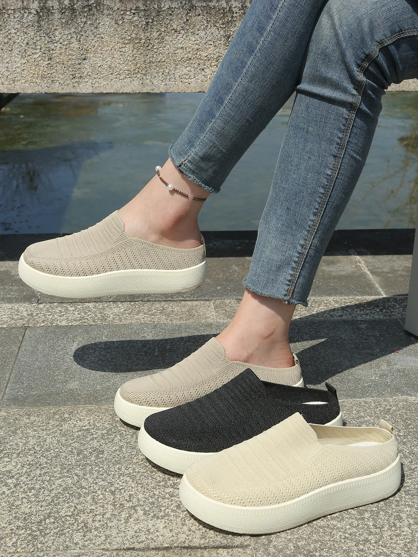 New Ladies Slippers Outdoor Thick Bottom Home Shoes Knitted Breathable Slip-On Footwear Free Shipping