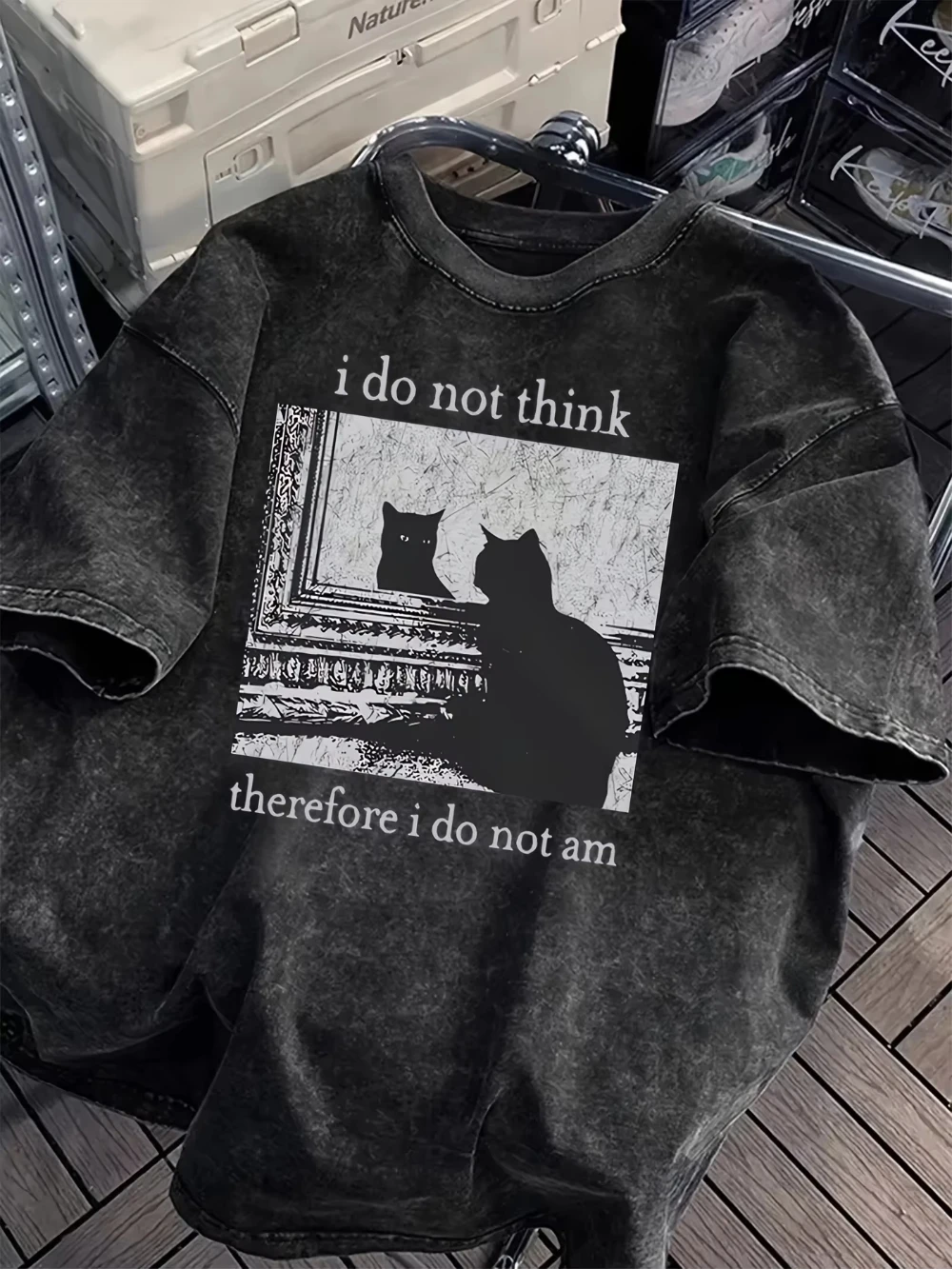 Unisex Washed T-shirt Casual Loose Fit Graphic T-Shirt _I Do Not for THINK Therefore I Do Not Am_ Cat Print Summer Short Sleeve