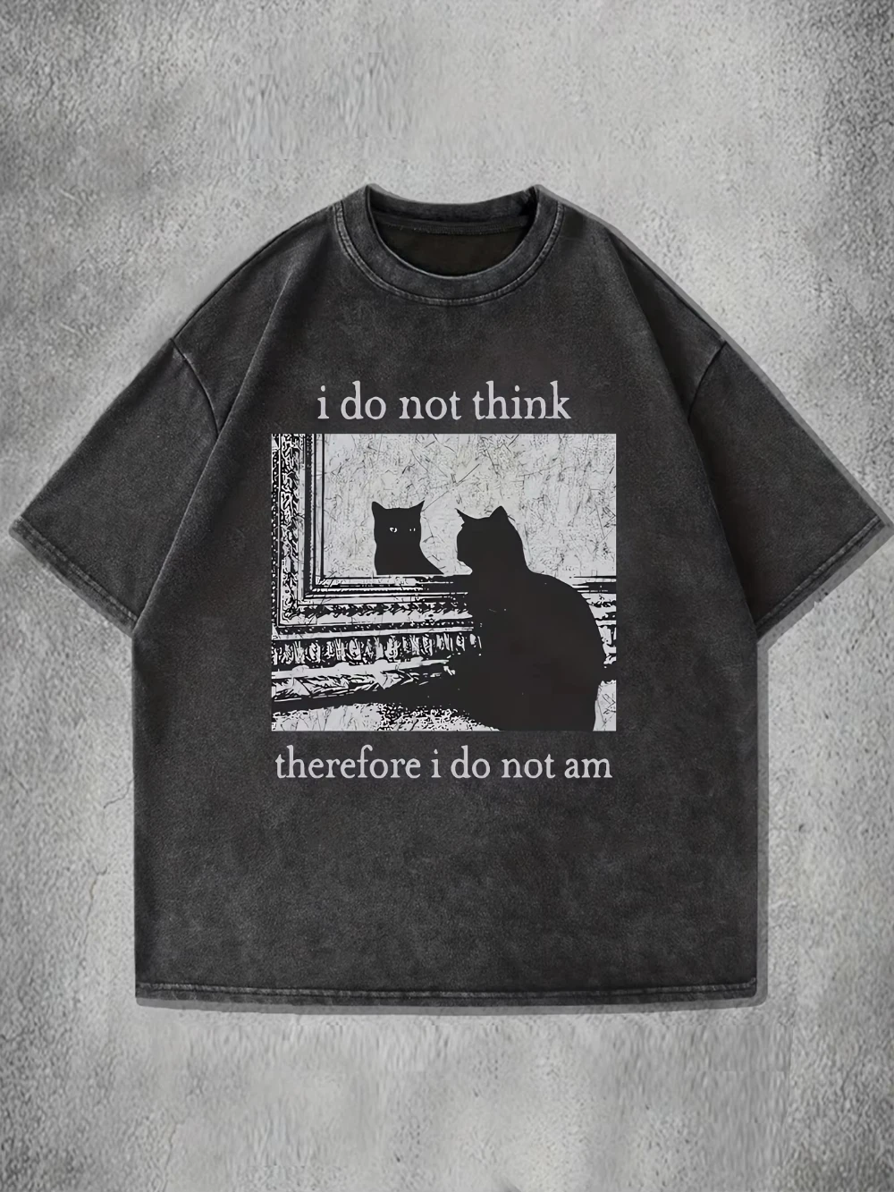 Unisex Washed T-shirt Casual Loose Fit Graphic T-Shirt _I Do Not for THINK Therefore I Do Not Am_ Cat Print Summer Short Sleeve