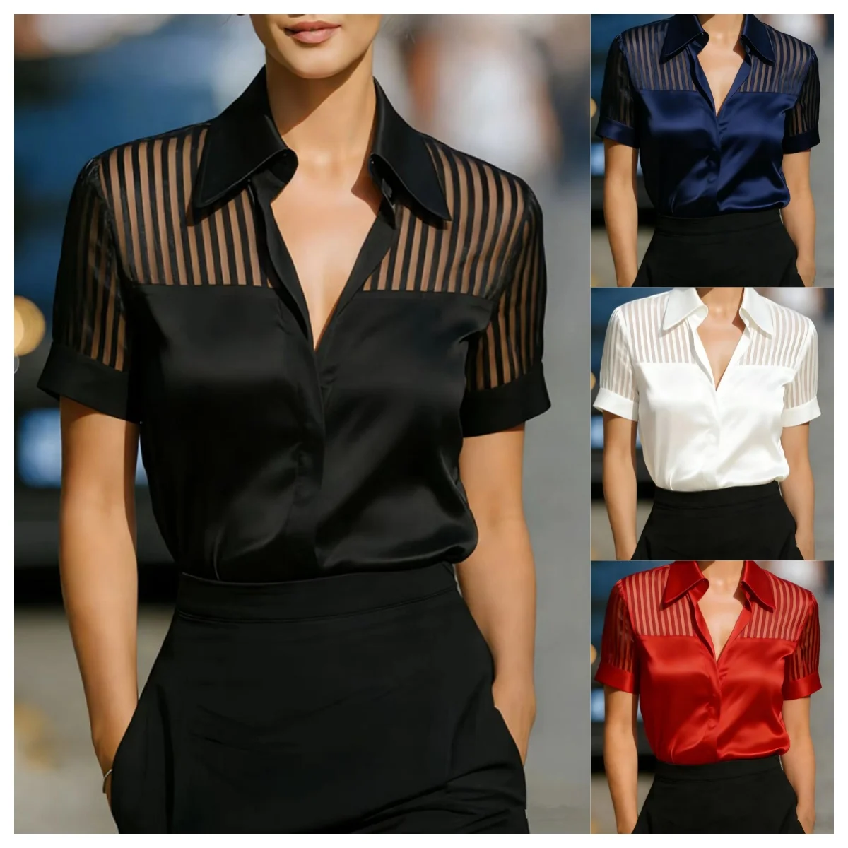 Women Satin Blouse Short Sleeve Sheer Striped Mesh Panel Collared Shirt Top Office Wear