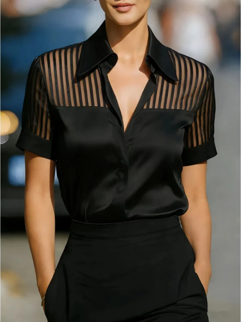 Women Satin Blouse Short Sleeve Sheer Striped Mesh Panel Collared Shirt Top Office Wear