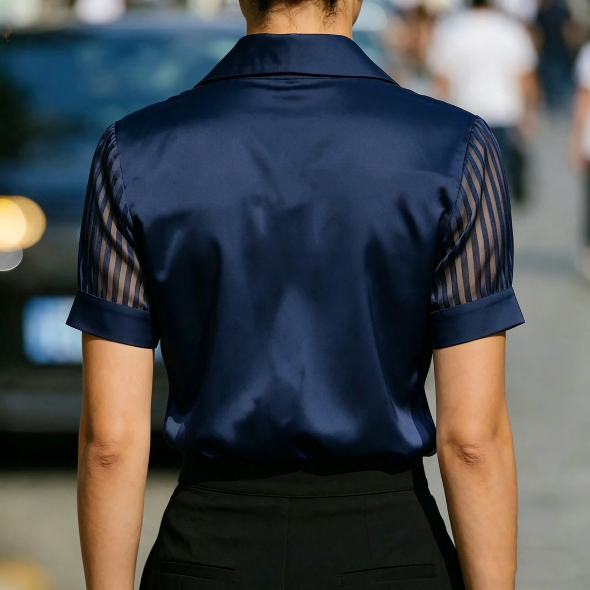 Women Satin Blouse Short Sleeve Sheer Striped Mesh Panel Collared Shirt Top Office Wear