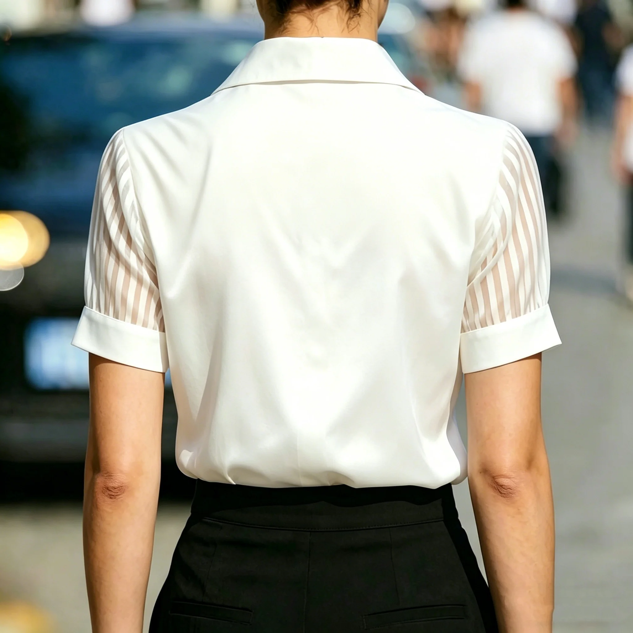 Women Satin Blouse Short Sleeve Sheer Striped Mesh Panel Collared Shirt Top Office Wear