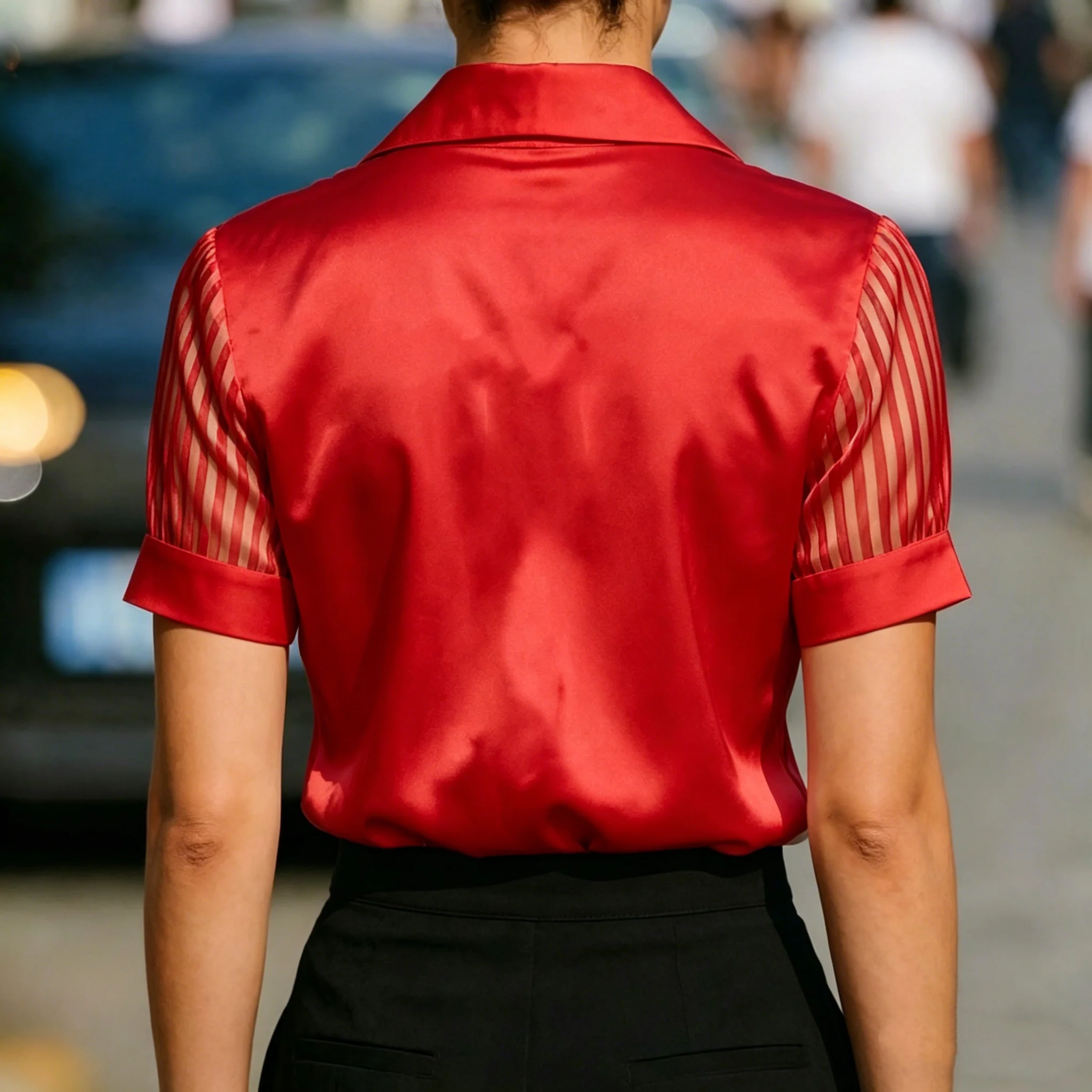 Women Satin Blouse Short Sleeve Sheer Striped Mesh Panel Collared Shirt Top Office Wear