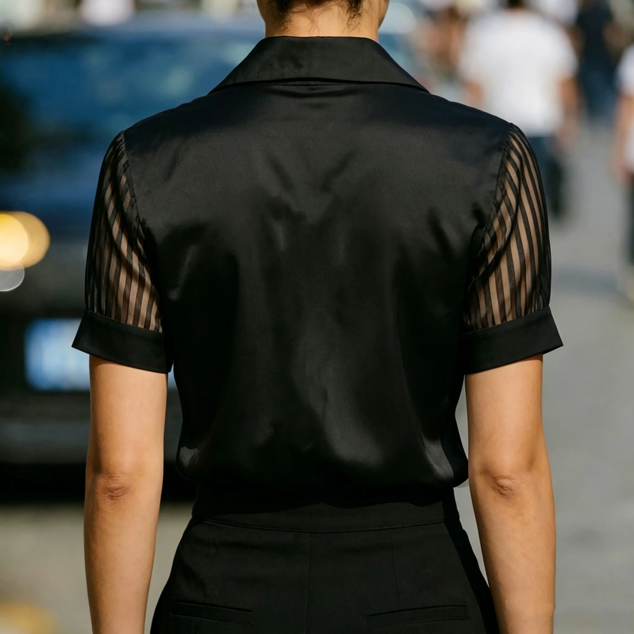 Women Satin Blouse Short Sleeve Sheer Striped Mesh Panel Collared Shirt Top Office Wear