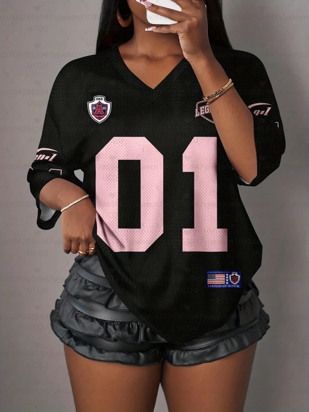 Women's Letter NO.01 Print V-Neck Short Sleeve T-Shirt Summer Graphic Tee Sport Jerseys Plus Size Sport T-Shirt