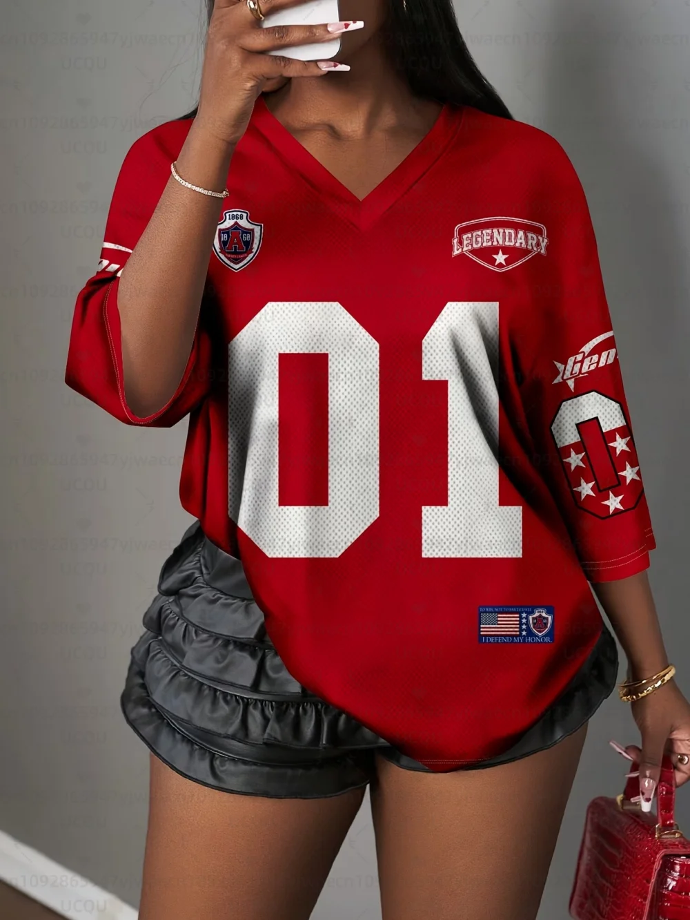Women's Letter NO.01 Print V-Neck Short Sleeve T-Shirt Summer Graphic Tee Sport Jerseys Plus Size Sport T-Shirt
