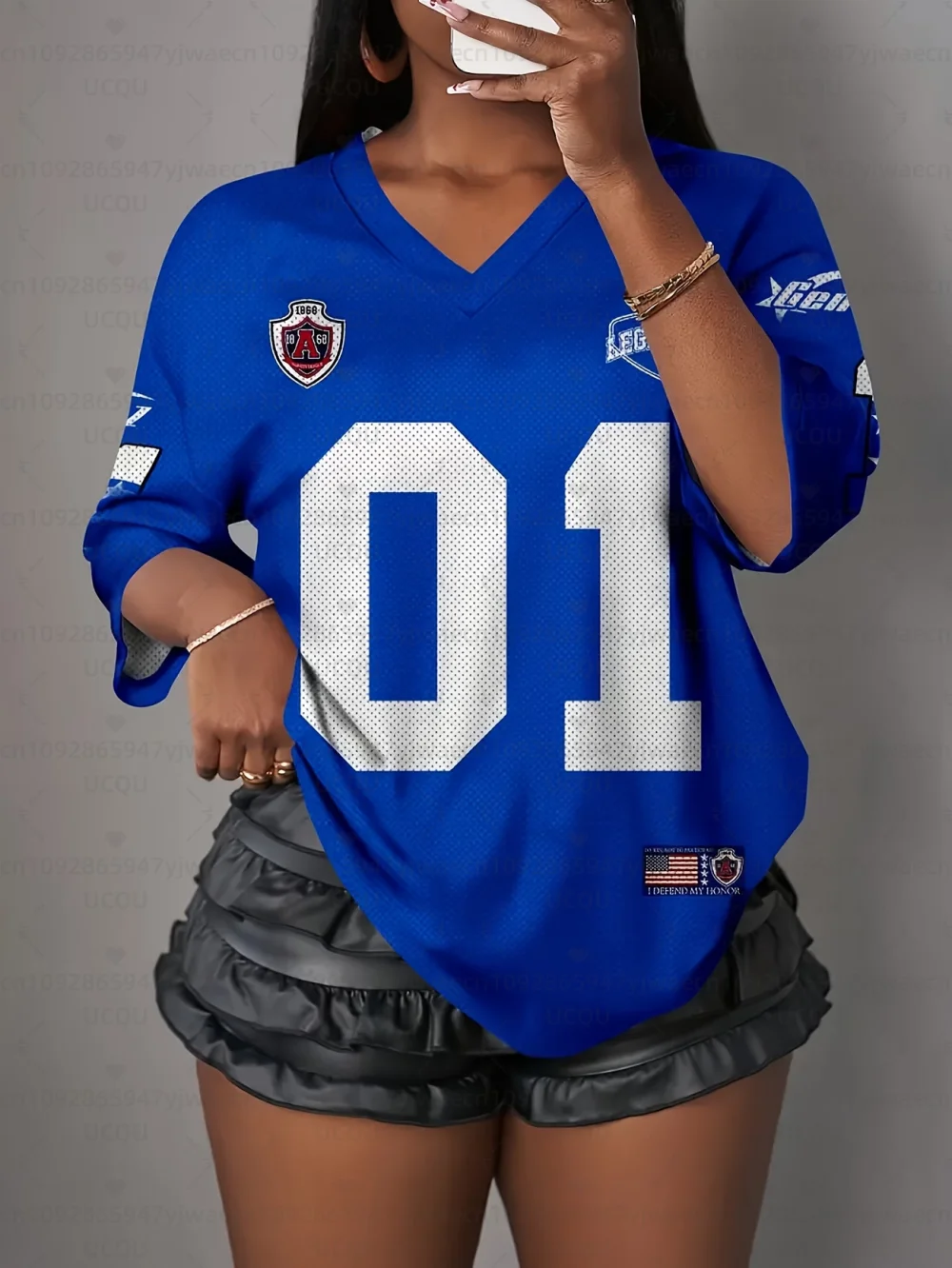 Women's Letter NO.01 Print V-Neck Short Sleeve T-Shirt Summer Graphic Tee Sport Jerseys Plus Size Sport T-Shirt