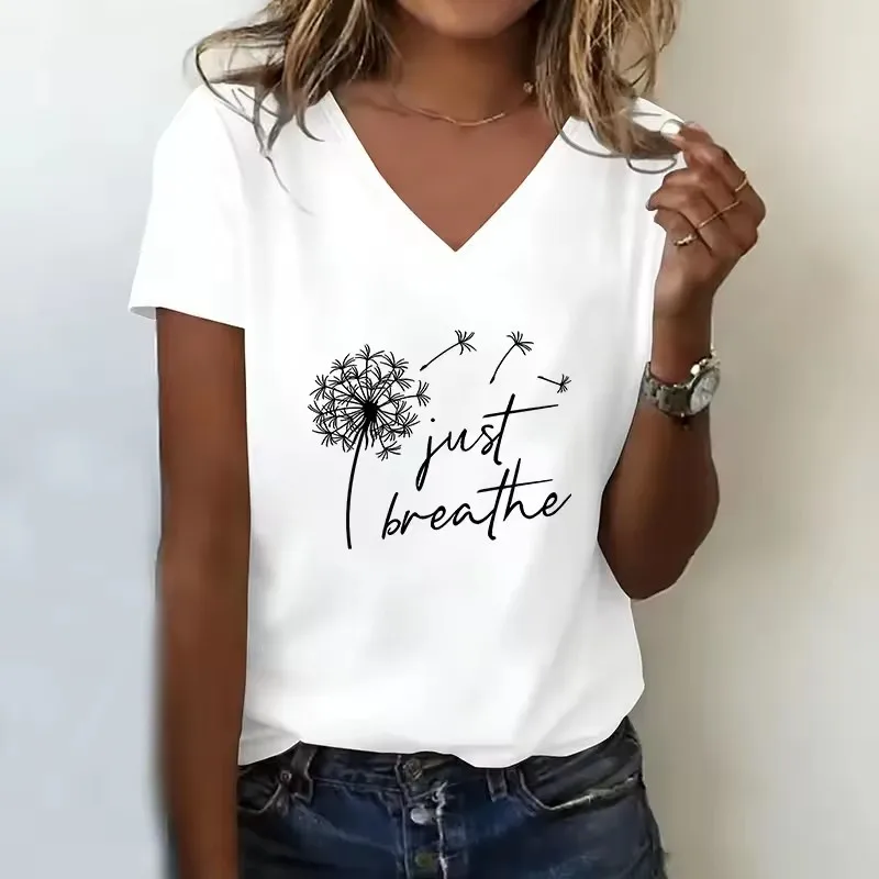 Just Breathe Dandelion T-shirt V Neck Casual Fashion Y2k T Shirts Women Short Sleeve Tee Shirt V-Neck Summer Spring
