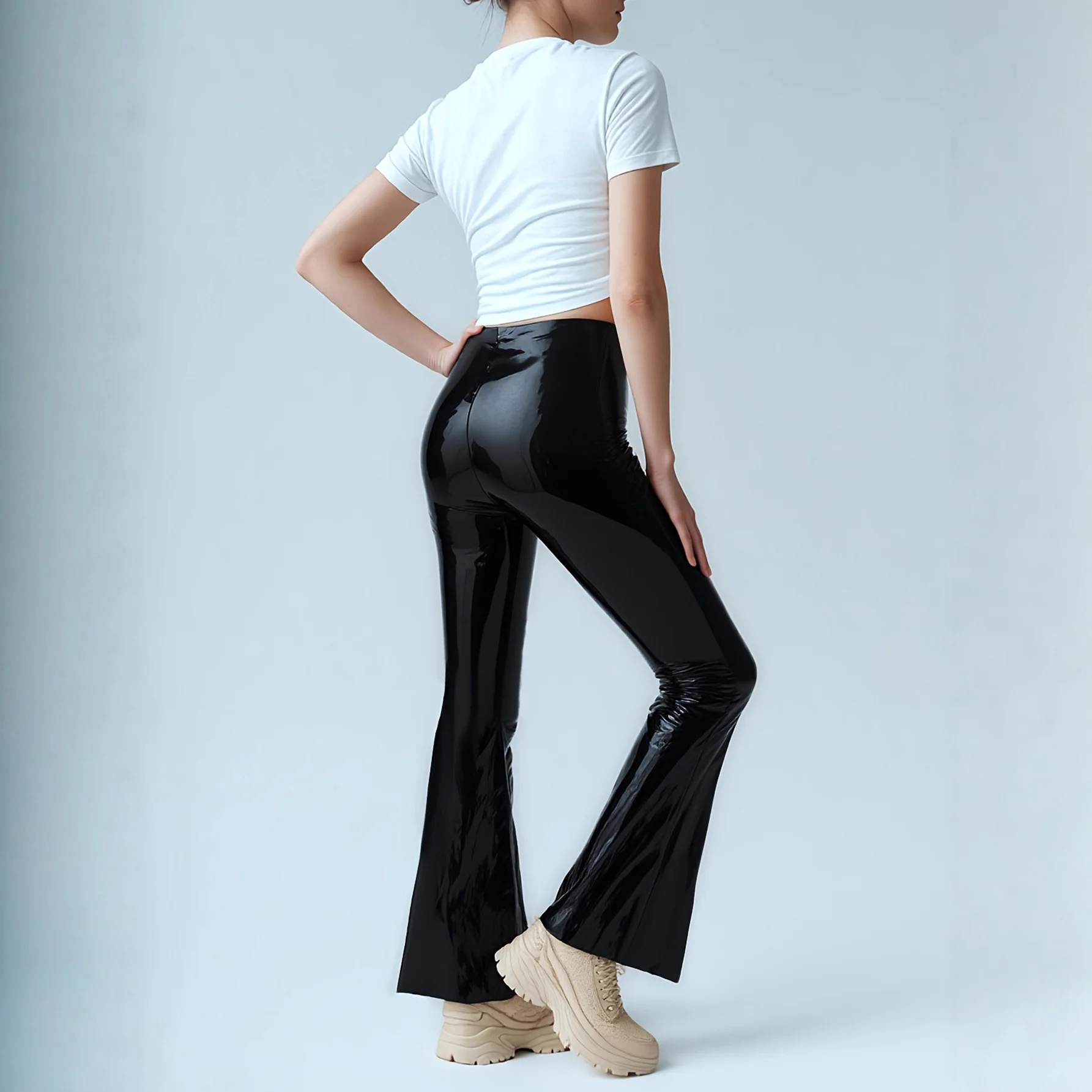 New PU Mirror Leather Pants European And American Womens High Waist Black Casual Flared Trousers Slim Fit Long Pants