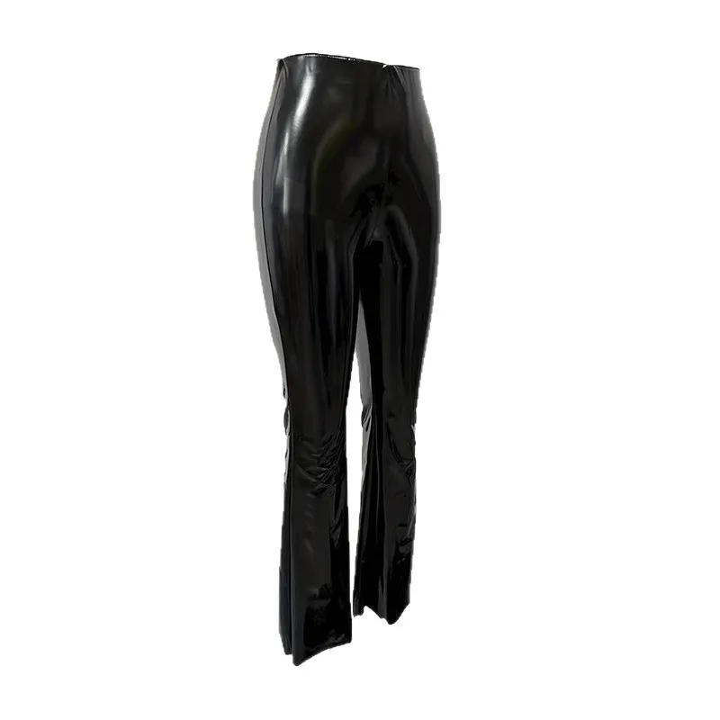 New PU Mirror Leather Pants European And American Womens High Waist Black Casual Flared Trousers Slim Fit Long Pants