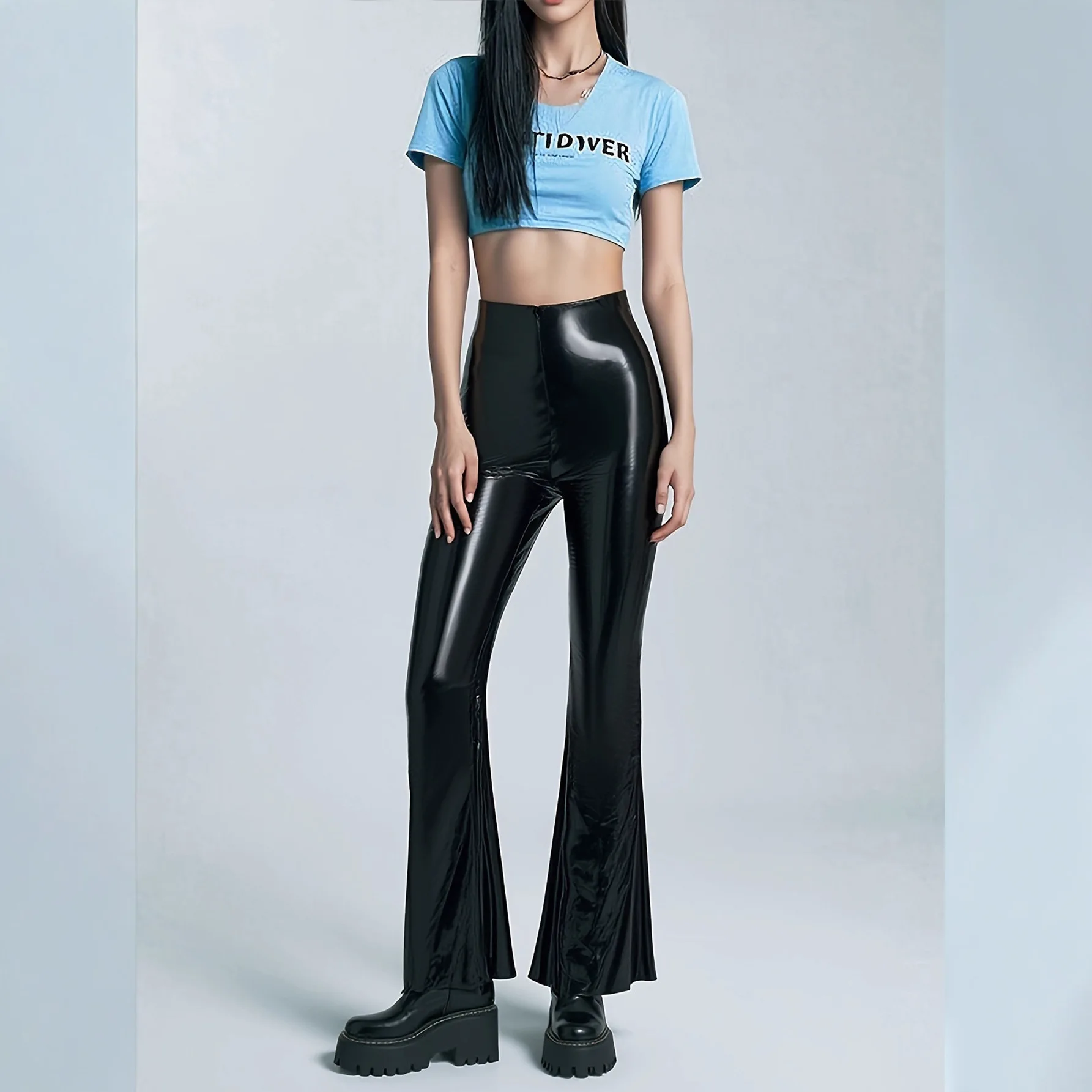 New PU Mirror Leather Pants European And American Womens High Waist Black Casual Flared Trousers Slim Fit Long Pants