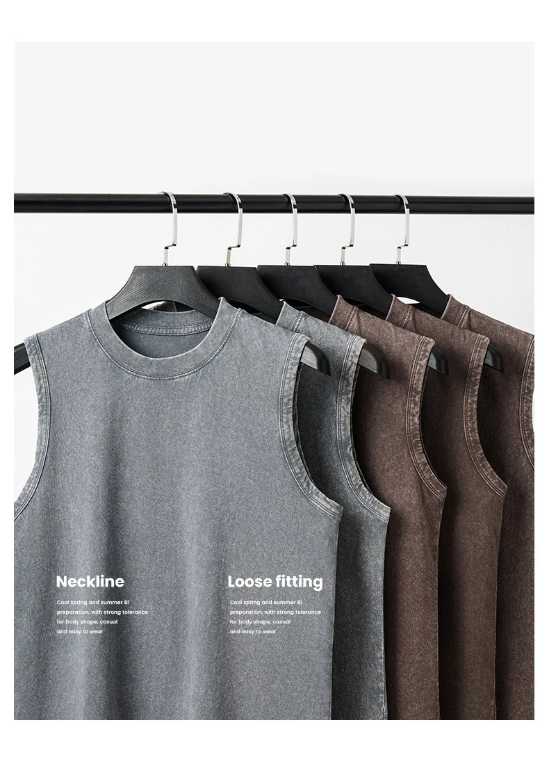 240G Cotton Men Vintage Washed Tank Top Retro Distressed Sleeveless Vest Loose High Street Casual Streetwear Beach Muscle Tees