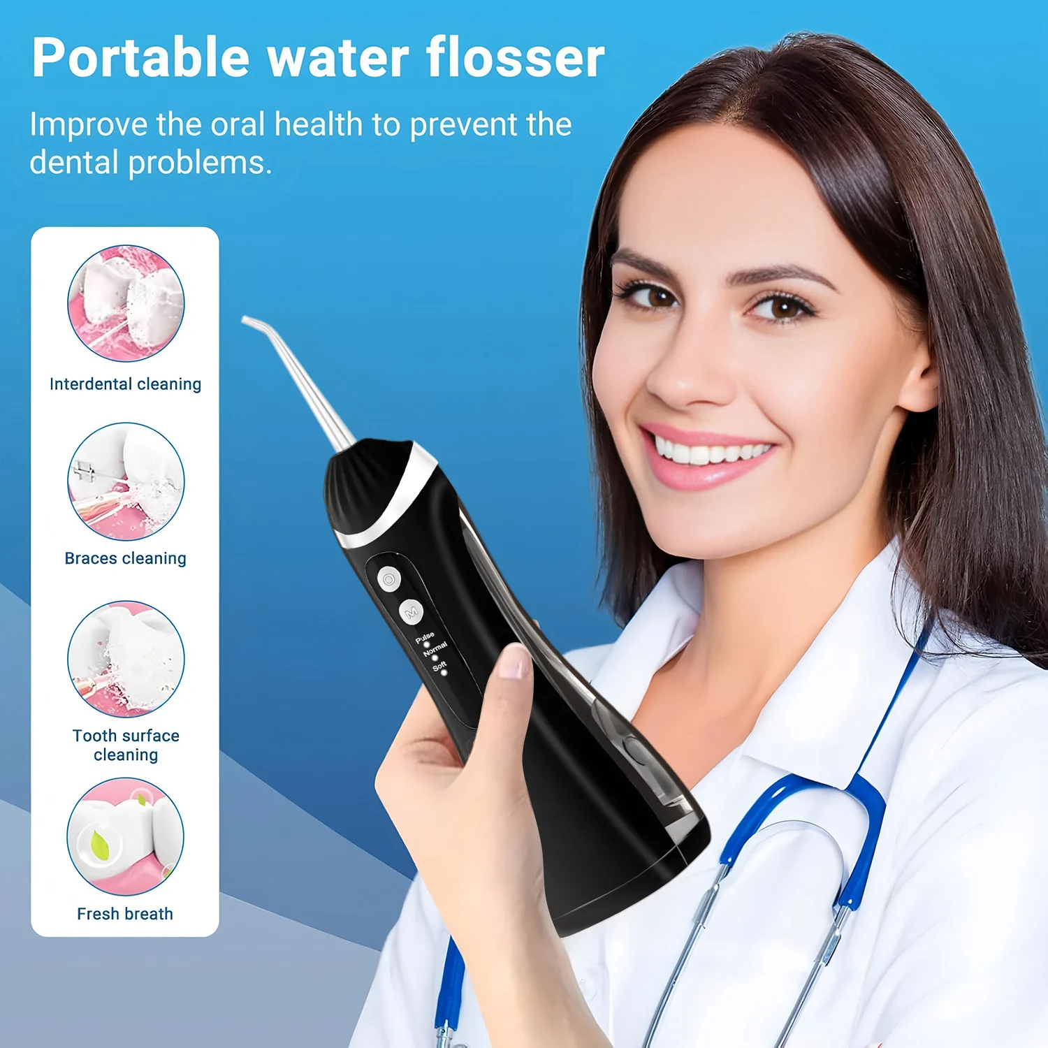 Water Floss Portable Cordless F18 Water Flosser 3 Cleaning Modes Waterproof Rechargeable Water Cleaner 4 Nozzles Clean Gums