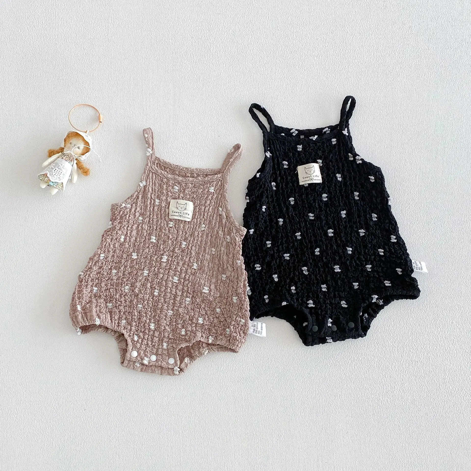 3-24M Summer Cute Baby Cami Bodysuit Cotton Spotted Fabric Sleeveless One Piece Clothes for Girls Black Infant Romper