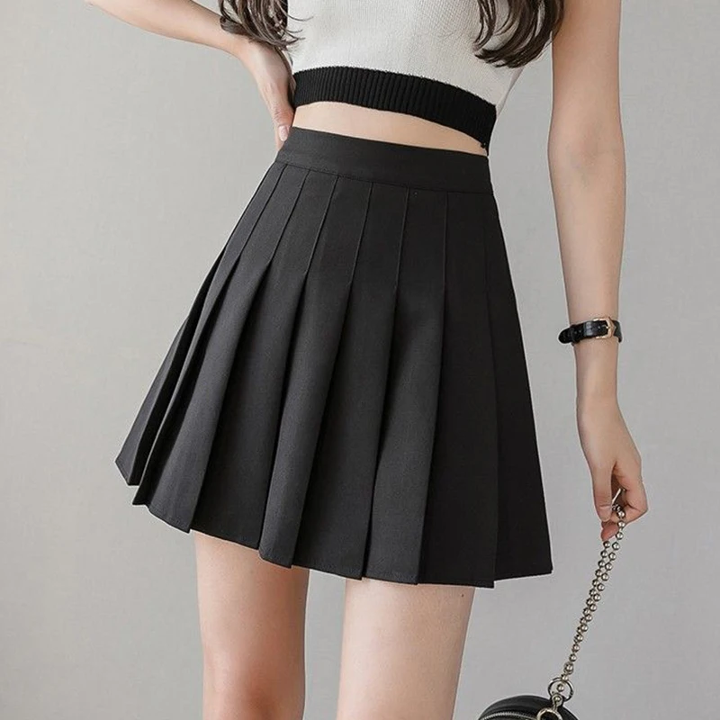 Hot Sale Summer Female Classic Pleated Skirts Girls Solid Color Thin JK Skirts Lady Korean Fashion High Waist A-line Skirts