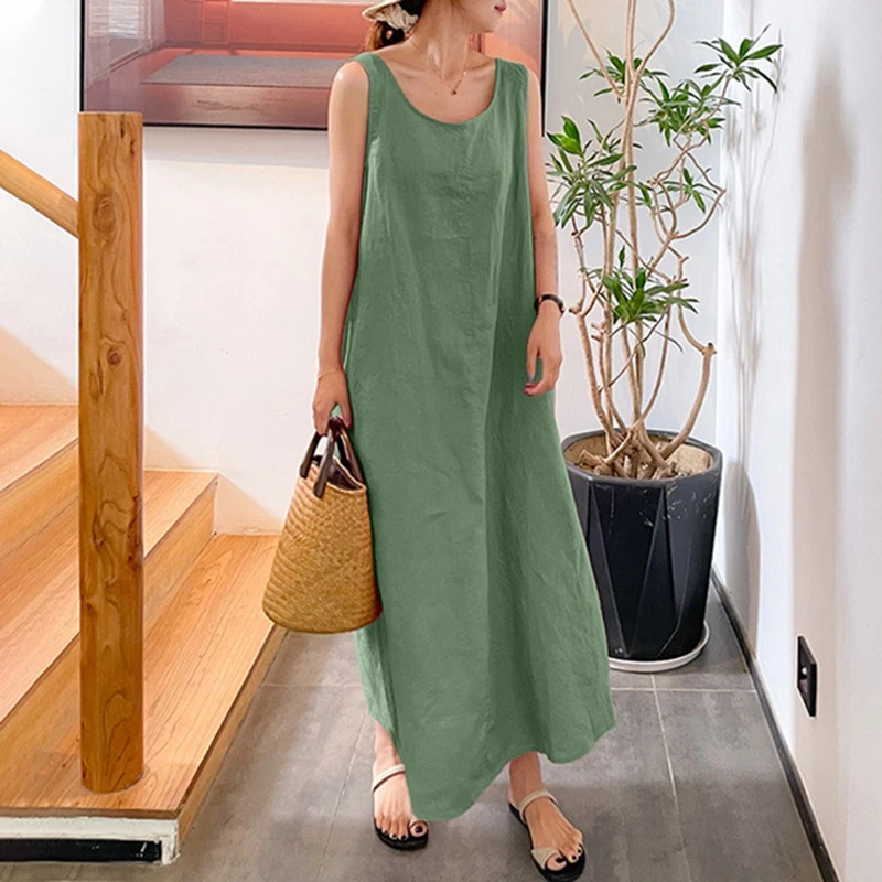 Summer beach vacation style, loose and large-sized women's round-neck sleeveless cotton and linen floor-length dress