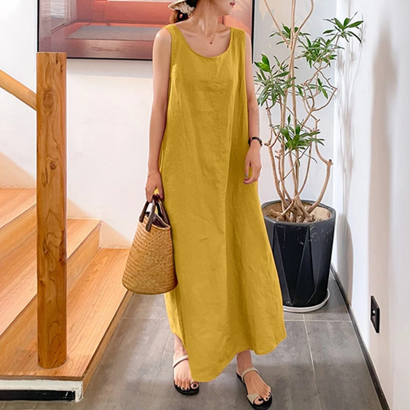 Summer beach vacation style, loose and large-sized women's round-neck sleeveless cotton and linen floor-length dress