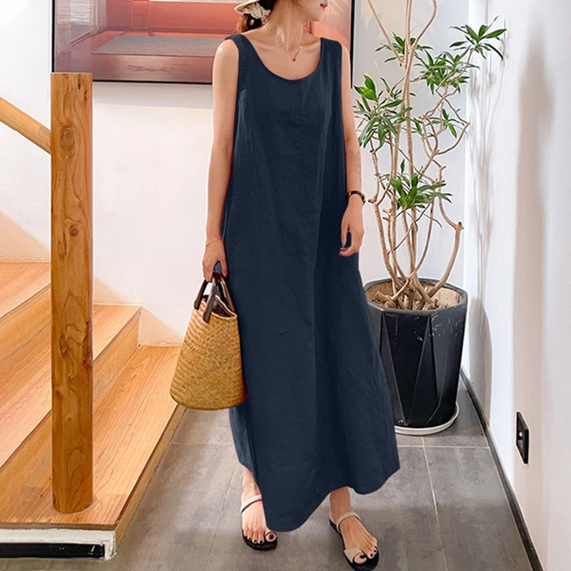 Summer beach vacation style, loose and large-sized women's round-neck sleeveless cotton and linen floor-length dress